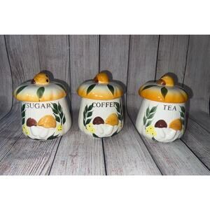 Vintage Cottagecore Mushroom Ceramic Canister Set 3-Piece 70's Sugar Coffee Tea